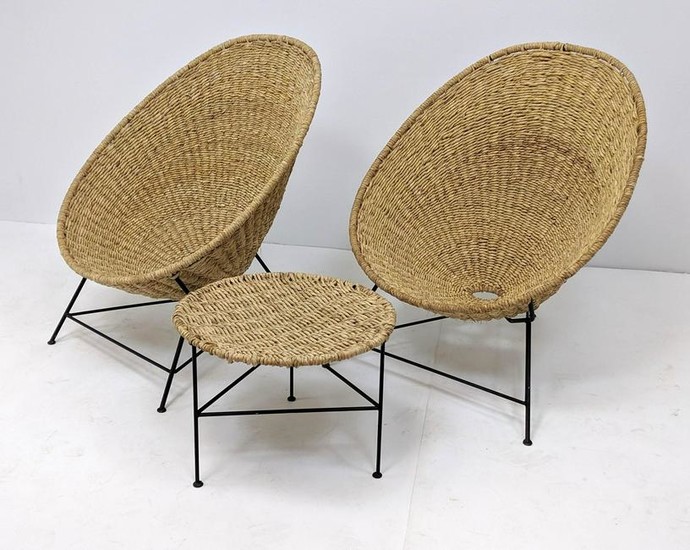 3pc Modernist Woven Rush Iron Hoop Chairs Side Table. B