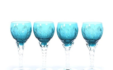 (4) Wine Stems, Cut Glass, Solid Turquoise Bowl