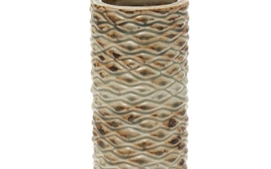 Axel Salto: Cylindrical stoneware vase modelled in budded style. Decorated with Sung glaze. H. 15.8 cm.