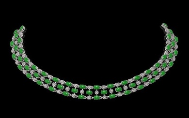 63.65 ctw Jade & Diamond Necklace 10K White Gold