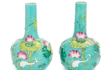 A Pair of Chinese Fahua Style Porcelain Bottle Vases