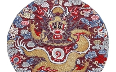 AN EMBROIDERED REDDISH-BROWN SILK DRAGON ROUNDEL, LATE QING DYNASTY