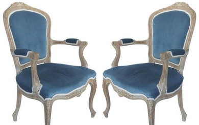 French Limed Louis XV Style Fauteuil Chairs with Velvet