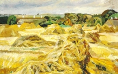 Fritz Syberg: Harvest scene, sheaves of oats near Pilegården. Signed with monogram and dated 1938. Oil on canvas. 135 x 135 cm.