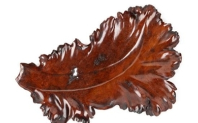 * A Large Chinese Burlwood Leaf-Form Tray