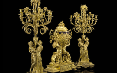 A LARGE FRENCH ORMOLU THREE-PIECE CLOCK GARNITURE, THE CLOCK AFTER THE MODEL BY JEAN-FRANÇOIS FORTY, POSSIBLY BY DENIÈRE, PARIS, THIRD QUARTER 19TH CENTURY