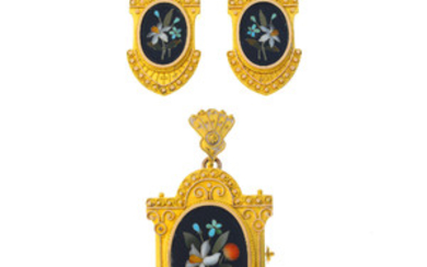 A late Victorian 18ct gold pietra dura pendant and a pair of matching earrings. View more details