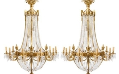 A Pair of Neoclassical Style Gilt Bronze and Cut Glass Ten-Light Chandeliers