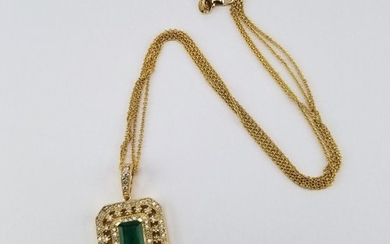 14K Gold Emerald & Diamond Pendant w/ Chain