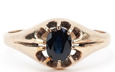 9ct gold sapphire solitaire ring with pierced setting size V...