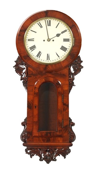 A 19TH CENTURY ENGLISH FIGURED MAHOGANY DOUBLE FUSEE WALL CLOCK