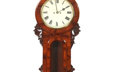 A 19TH CENTURY ENGLISH FIGURED MAHOGANY DOUBLE FUSEE WALL CL...