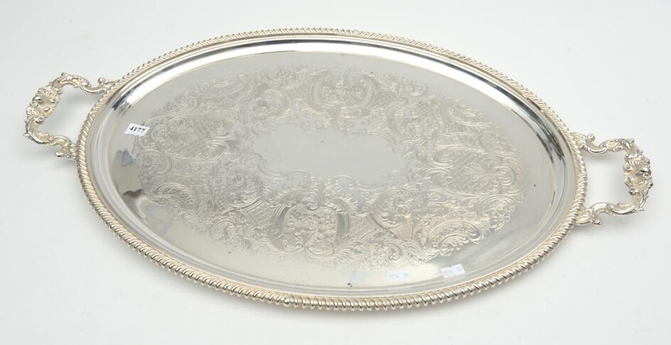 A 19TH CENTURY W DRUMMOND & CO SILVERPLATE TWO HANDLED SERVING TRAY OF GENEROUS PROPORTION IN FINE CONDITION W.69CM