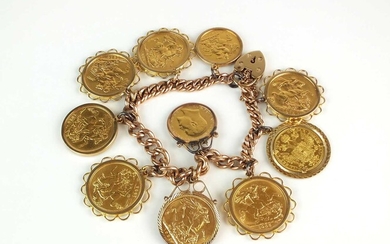 A 9ct rose gold curb link bracelet with attached coins