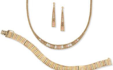 A 9ct three colour gold necklace and earrings suite, of...