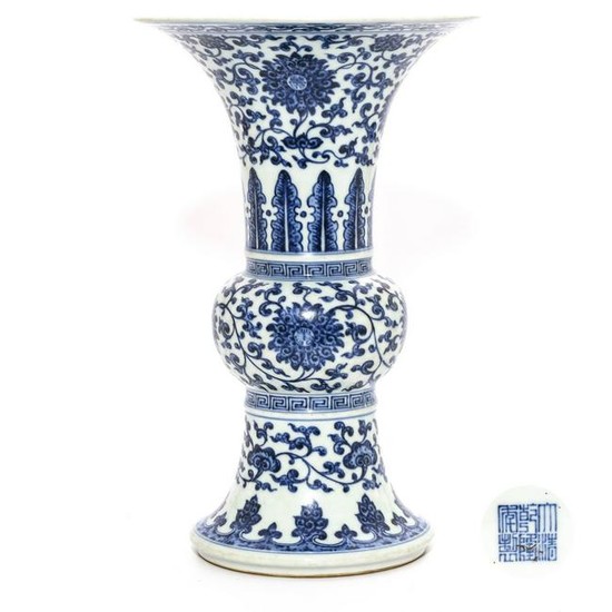 A Blue and White Lotus Scrolls Beaker Vase