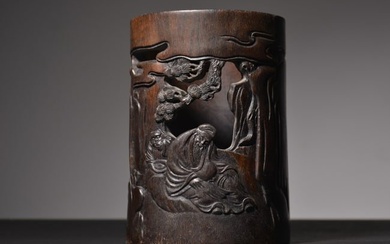 A Chinese Carved Hardwood Brush Pot of Figures Story