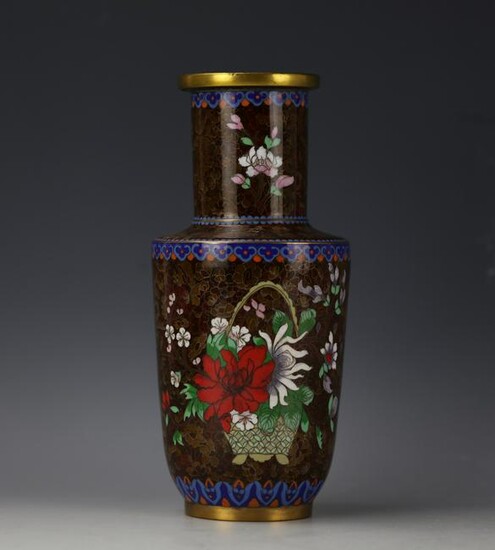 A Chinese Flower Brown Cloisonne Rouleau Vase