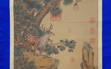 A Chinese Scroll Painting of Deers and Pine Tree on Silk