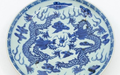 A Chinese blue and white double dragon dish, bearing six...
