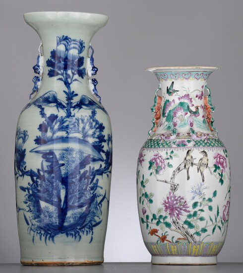 A Chinese famille rose and a blue and white on celadon ground vase, 19thC, H 43 - 59 cm
