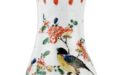 A Chinese famille verte 'bird and flowers' wall vase, Kangxi period, of baluster form with flattened back, painted with a bird perching on a prunus branch in between floral bands, 21cm high 清康熙 五彩繪花鳥紋壁掛瓶