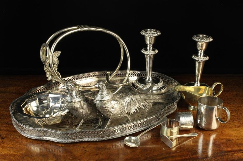 A Collection of Silver Plated-wares: A pair of ornamental pheasants, a wine bottlle holder, a pair o