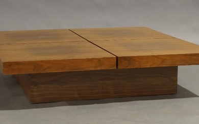 A Contemporary walnut veneered low coffee table, with sliding mechanism enclosing storage compartment, 26cm high, 111cm wide, 111cm deep