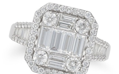 A DIAMOND DRESS RING set with a cluster of round brilliant and baguette cut diamonds in a border of