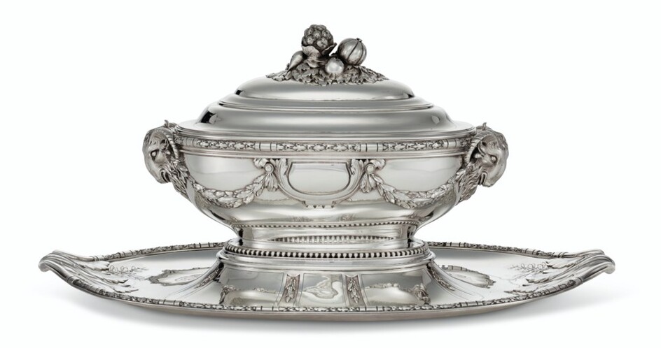 A FRENCH SILVER TUREEN, COVER AND STAND, MARK OF D. ROUSSEL, PARIS, LATE 19TH CENTURY