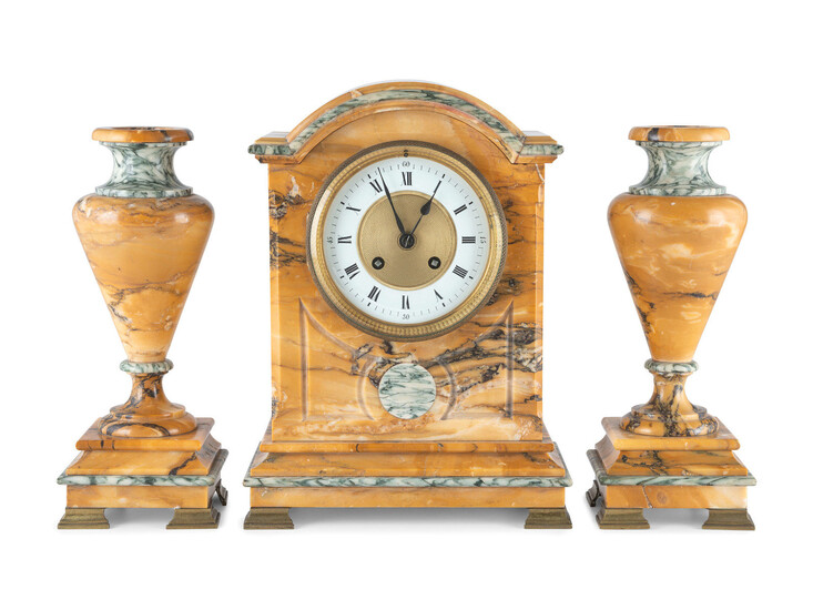 A French Marble Clock Garniture Set with Ormolu Mounts