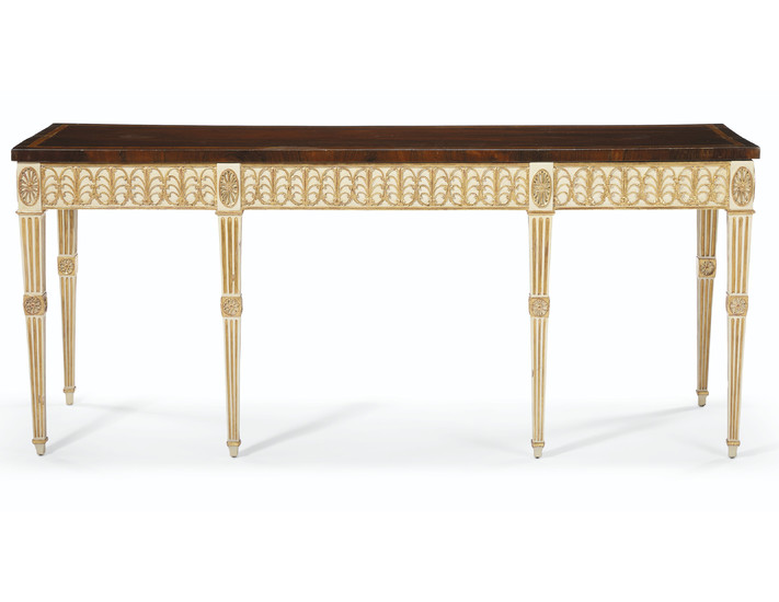 A GEORGE III MAHOGANY, TULIPWOOD, CREAM-PAINTED AND PARCEL-GILT SIDE TABLE, CIRCA 1775, THE TOP LATER