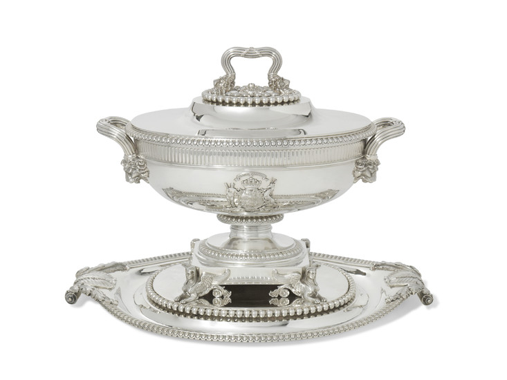 A GEORGE III SILVER SOUP-TUREEN, COVER AND STAND, MARK OF PAUL STORR, LONDON, 1805