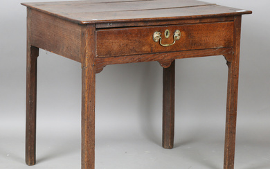 A George III provincial oak side table, fitted with a single frieze drawer, height 70cm, width 77cm
