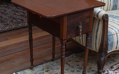 A Georgian mahogany drop side Pembroke table of smaller proportion raised on brass castors. and with key,71 x 54 x 60cm (some damage to veneer)