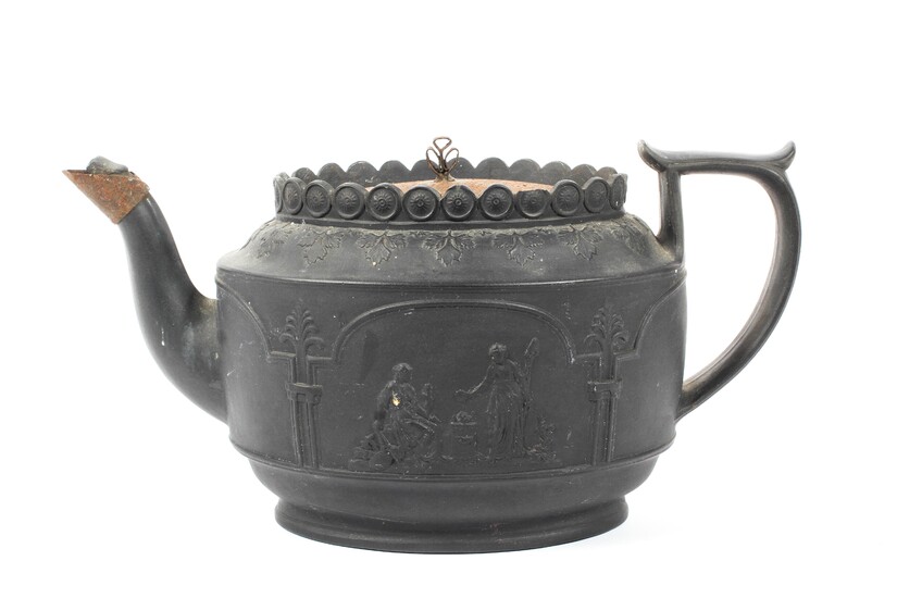 A J. Glass (Hanley) black basalt teapot and a metal cover, circa 1800