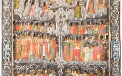 A LARGE AND RARE ICON 'ALL SAINTS' WITH A SILVER AND