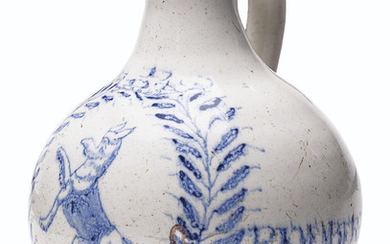 A LONDON DELFT INSCRIBED AND INITIALED BLUE AND WHITE WINE-BOTTLE, CIRCA 1640, PROBABLY SOUTHWARK
