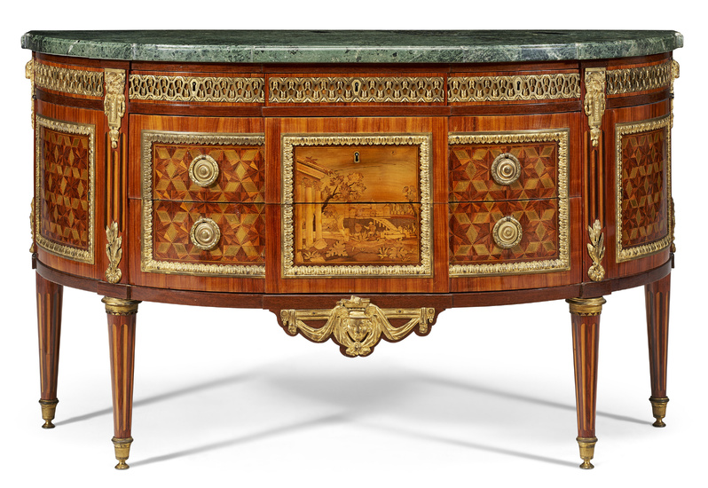 A LOUIS XVI ORMOLU-MOUNTED AMARANTH, TULIPWOOD, MARQUETRY AND PARQUETRY DEMILUNE...