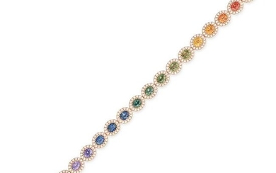 A MULTICOLOUR SAPPHIRE AND DIAMOND CLUSTER BRACELET in 18ct rose gold, comprising a row of twenty