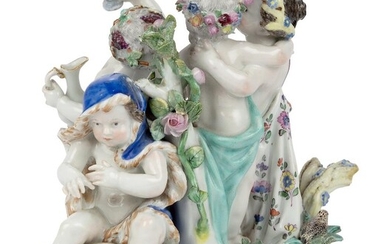 A Meissen porcelain group emblematic of the Four Seasons, late 19th century, blue crossed swords mark, incised mark, modelled with putti representing the Seasons, Spring garlanded with flowers embracing Summer, holding a wheat sheaf, a partridge...