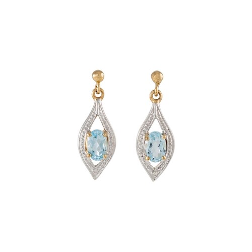 A PAIR OF AQUAMARING DROP EARRINGS, set with a diamond point...