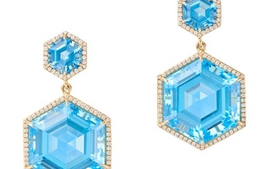 A PAIR OF BLUE TOPAZ AND DIAMOND DROP EARRINGS each set with a hexagonal step cut blue topaz in a