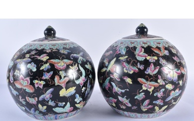 A PAIR OF CHINESE FAMILLE NOIRE PORCELAIN GINGER JARS AND CO...