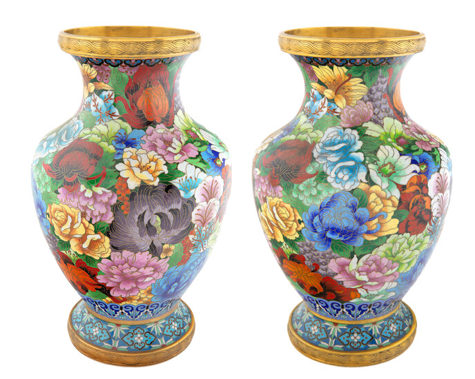 A PAIR OF CHINESE GILT BRONZE AND SHADED CLOISONNE ENAMEL VASES, EARLY 20TH CENTURY