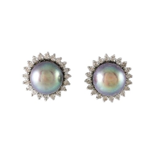 A PAIR OF CULTURED PEARL BLACK EARRINGS, with diamond surrou...