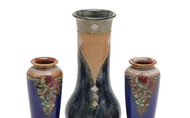 A PAIR OF ROYAL DOULTON STONEWARE VASES, AND A LACE WARE VASE.