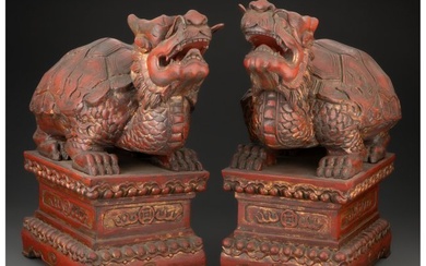 78079: A Pair of Chinese Carved and Lacquered Wood Long