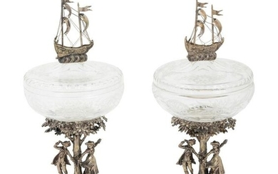 A Pair of Continental Silver Mounted Cut Glass Vessels