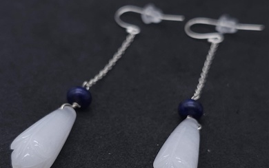 A Pair of Sterling Silver Drop Chain Earrings with White Jad...